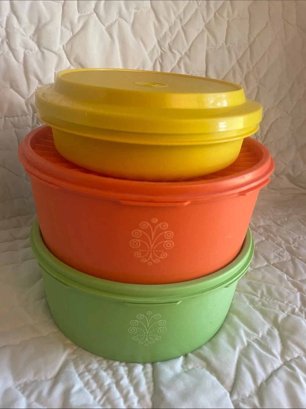 Tupperware Orange, Yellow & Green Round Storage Bowls with Lids